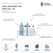 Extra-large clear stackable storage tub with built-in pull lip, designed for organising bulky pantry items, household supplies, toiletries, and cleaning products. Transparent construction provides instant visibility of contents, while the stackable design maximises vertical storage space and the easy-grip handle allows smooth access on shelves, cupboards, and pantry cabinets.