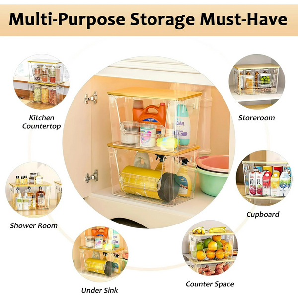 Clear Storage Container with Bamboo Lid – 29cm for versatile home organisation; ideal for pantry, fridge, bathroom, and laundry storage.