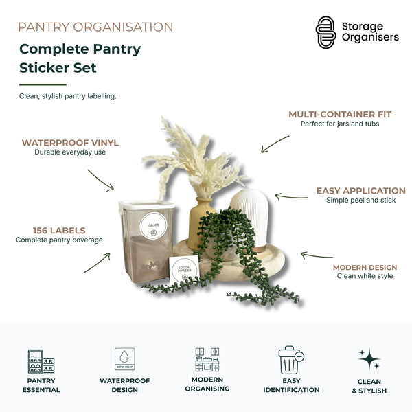 Complete pantry sticker set with 156 waterproof round labels for clear jars, containers, tubs, and modern pantry organisation systems