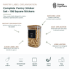Complete pantry sticker set with 156 square waterproof vinyl labels for pantry containers, jars, and modern kitchen organisation systems
