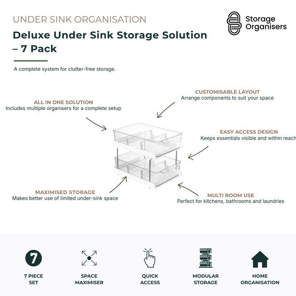 Deluxe 7-piece under sink storage organiser set designed to maximise cabinet space and create a clutter-free storage system in kitchens, bathrooms and laundry rooms. Featuring clear modular organisers, pull-out drawers and adjustable compartments, this under sink storage solution keeps cleaning products, toiletries, household supplies and everyday essentials visible, organised and easy to access. The customisable layout allows flexible configuration around plumbing and cabinet obstacles while making efficie