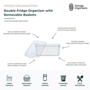 Double fridge organiser with removable baskets for fresh produce storage and refrigerator organisation. Clear food storage container features a dual basket system, vented design for improved airflow, stackable construction, and removable inserts for easy cleaning. Ideal for storing fruits, vegetables, herbs, snacks, and meal-prep ingredients while maximising fridge shelf space and keeping food fresh for longer.