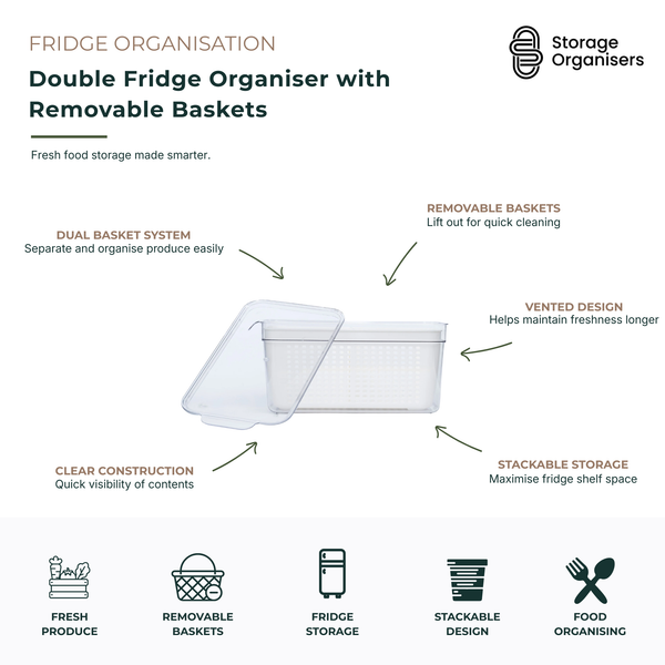 Double fridge organiser with removable baskets for fresh produce storage and refrigerator organisation. Clear food storage container features a dual basket system, vented design for improved airflow, stackable construction, and removable inserts for easy cleaning. Ideal for storing fruits, vegetables, herbs, snacks, and meal-prep ingredients while maximising fridge shelf space and keeping food fresh for longer.