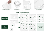 Drawer organiser features: non-slip silicone feet, stackable, rounded corners, textured grip base, with mix and match drawer layouts