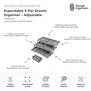 Expandable 3-tier drawer organiser with adjustable width, custom dividers and layered storage compartments for organised drawers. Multi-purpose drawer organisation system designed to maximise storage space, improve visibility and keep household items neatly sorted. Adjustable drawer organiser with three-tier access for fast item retrieval and efficient storage in kitchens, offices, bathrooms and utility areas.