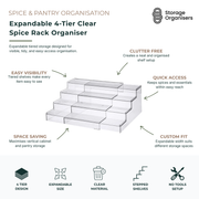 Expandable 4-tier clear spice rack organiser with stepped shelves for pantry and kitchen storage, designed for easy visibility, space-saving organisation, and quick access to spices and condiments