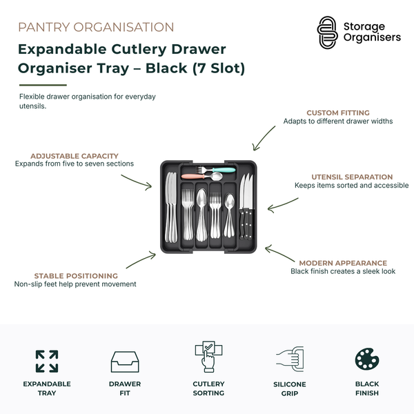 Expandable black cutlery drawer organiser tray with 7 adjustable compartments for kitchen utensil storage and drawer organisation. Designed to expand from five to seven sections, this cutlery tray adapts to different drawer widths while keeping forks, knives, spoons, serving utensils, and kitchen tools neatly separated and easy to access. Featuring a modern black finish and non-slip feet for stable positioning, this expandable drawer organiser helps maximise storage space, reduce clutter, and create a tidy,