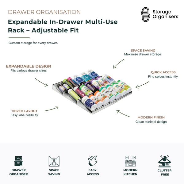 Expandable in-drawer multi-use rack with adjustable width and tiered design for organising spice jars, supplements, vitamins, medicine bottles, and pantry essentials. This space-saving drawer organiser features easy label visibility, quick access to stored items, and a modern expandable layout that fits a variety of kitchen, bathroom, office, and pantry drawer sizes.