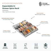 expandable in-drawer spice rack organiser with tiered spice jar storage for kitchen drawers and pantry organisation