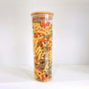 Tall round bamboo glass jar filled with colourful pasta, ideal for pantry organisation. Part of the Round Bamboo Glass Jars Small Pantry Set – 10 Pack.