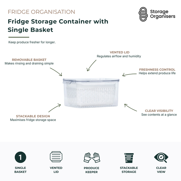 Clear fridge storage container with removable single basket and vented lid for keeping fruits and vegetables fresher for longer. This stackable produce storage container helps regulate airflow and humidity, making rinsing, draining, and storing fresh produce simple. The transparent design provides easy visibility of contents, while the food-safe container maximises refrigerator organisation and space efficiency for everyday fruit and vegetable storage.