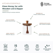400ml glass honey jar with wooden lid and built-in honey dipper for elegant kitchen storage and serving. Premium borosilicate glass honey container with natural wood accents, ideal for storing and drizzling honey, syrups, agave, and sweeteners. Stylish tabletop honey pot designed for easy serving, freshness, and everyday kitchen use.