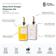 glass oil and vinegar dispenser set with premium pouring spouts, 500ml book-style kitchen bottles for olive oil, vinegar, and modern countertop storage