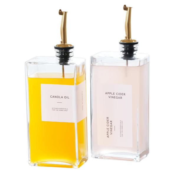 Glass oil and vinegar dispenser set with stylish design, ideal for kitchen storage and organization, featuring 500ml capacity.
