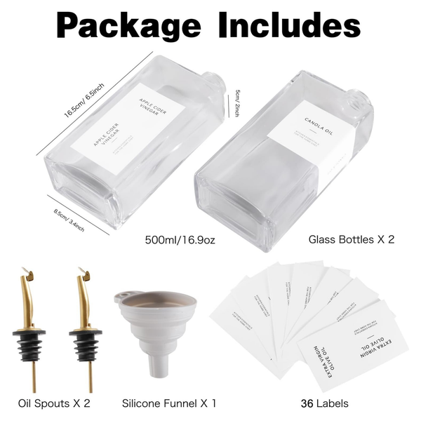 Glass oil and vinegar dispenser set package includes 2 glass bottles, silicone funnel, labels, and oil spouts for kitchen storage.