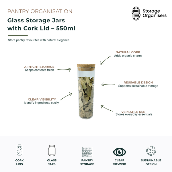 550ml glass storage jar with natural cork lid designed for stylish pantry organisation and everyday food storage. Featuring a clear glass body for easy visibility of contents and an airtight cork seal to help maintain freshness of tea, coffee, herbs, spices, nuts and dry ingredients. The reusable, minimalist design adds natural warmth to pantry shelves, kitchen benchtops and open storage displays while keeping essentials organised and easy to access. Ideal for sustainable pantry storage and modern kitchen o