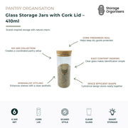 410ml glass storage jar with natural cork lid designed for stylish pantry organisation and everyday food storage. The clear glass body makes it easy to identify contents such as herbs, spices, tea, coffee, nuts, seeds and dry pantry ingredients at a glance. Featuring a snug cork lid that helps protect contents while adding a warm Scandinavian-inspired aesthetic, this compact storage jar combines functionality with minimalist design. Its cylindrical shape maximises shelf space and creates a coordinated pantr