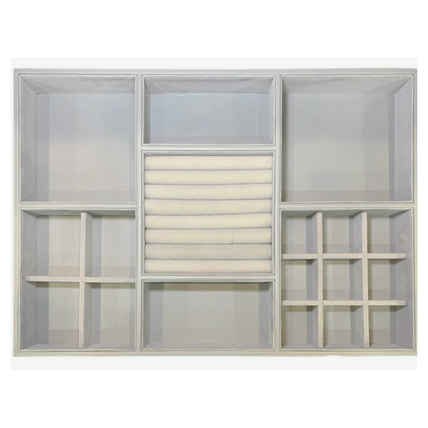 Grey felt jewellery and accessory tray 516x366x60mm for stylish organising. Ideal for decluttering home spaces with a modern touch.