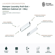 600mm pull-out laundry hamper system with dual 35L laundry baskets, designed to keep laundry organised, hidden, and easy to access. Features a large 70-litre capacity for sorting clothing, smooth pull-out operation for convenient use, removable baskets for easy transport to the laundry, and a durable steel frame for long-lasting performance. Ideal for separating lights and darks, reducing laundry room clutter, and creating a clean, streamlined laundry storage solution.