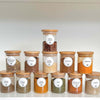 Bamboo Lid Spice Jar - 220ml Storage Organisers in kitchen pantry, showcasing neatly stacked glass jars for herbs and spices.