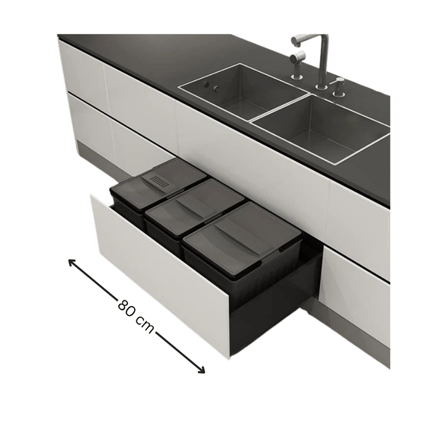 Blum-compatible 50L kitchen bin set in 800mm cabinet, ideal storage organiser for under sink.
