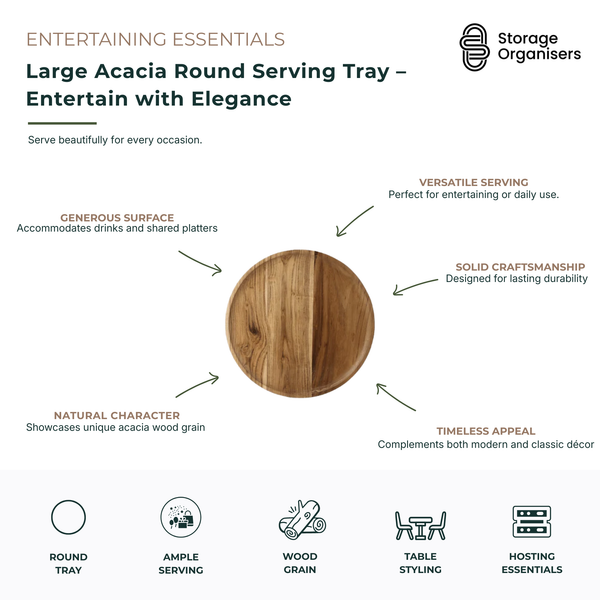 Large round acacia wood serving tray featuring natural timber grain and durable craftsmanship for entertaining and everyday use. Spacious wooden serving platter provides ample room for drinks, snacks, charcuterie boards and shared platters while adding warmth and elegance to dining tables, kitchen benches and coffee tables. Versatile acacia serving tray designed for stylish hosting, food presentation and decorative home styling.