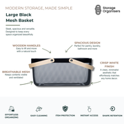 large black mesh storage basket with wooden handles for pantry, laundry, bathroom, and home organisation