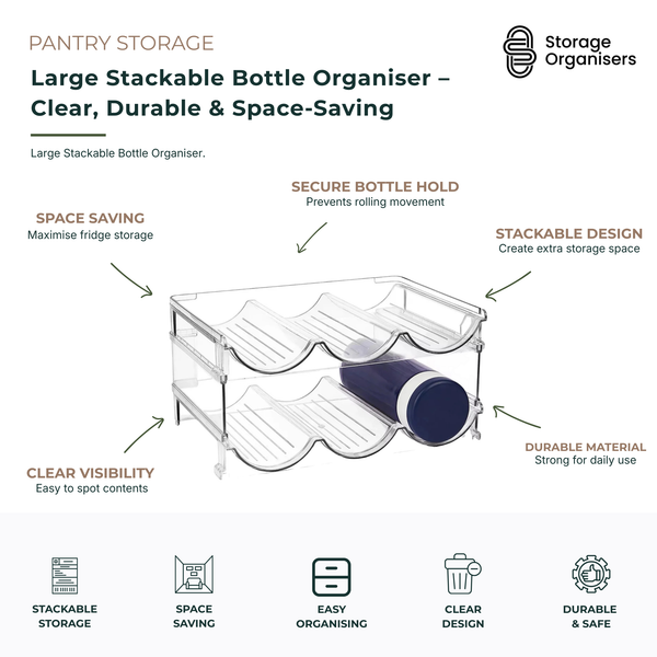 Large stackable bottle organiser with clear durable construction, secure bottle holders, and space-saving design for organising water bottles, drink containers, and pantry items in fridges, cupboards, and kitchen storage areas.