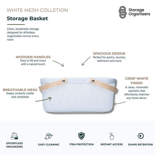 large white mesh storage basket with wooden handles for pantry, laundry, bathroom, and home organisation