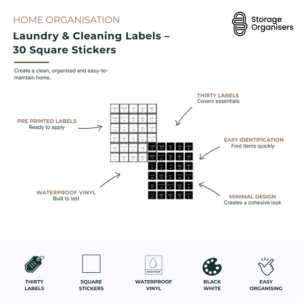 Pack of 30 laundry and cleaning labels featuring pre-printed square waterproof vinyl stickers designed to organise household cleaning and laundry products. Features durable waterproof construction, easy-to-read text for quick identification, minimalist black and white designs, and ready-to-apply labels for a cohesive and organised home. Ideal for labelling detergent containers, stain removers, fabric softeners, cleaning sprays, household products, and laundry storage jars.