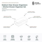 Medium clear drawer organiser tray designed to create tidy, organised storage throughout the home. Features a transparent BPA-free design for instant visibility, durable construction for everyday use, and a customisable layout that helps reduce drawer clutter and create dedicated storage zones. Ideal for organising kitchen utensils, cutlery, pantry items, office supplies, bathroom essentials, makeup, and household accessories while maintaining neat and easily accessible drawers.
