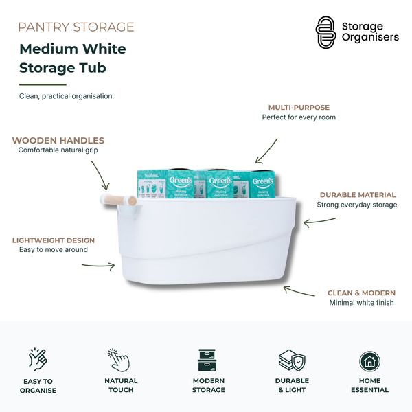 medium white storage tub with wooden handle for pantry, bathroom, laundry, and home organisation