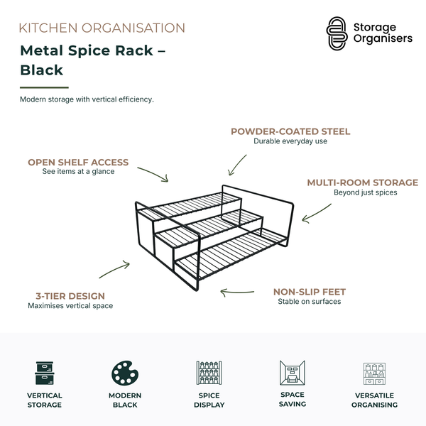 Black metal spice rack with three-tier design, powder-coated steel construction, and open shelf access. Ideal for organising spice jars, condiments, and pantry essentials while maximising vertical storage space on kitchen benchtops and cupboards.