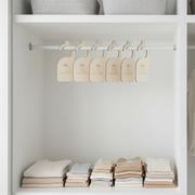 Organised wardrobe with 6 Pack Wardrobe Dividers – Natural Plywood, ideal for enhancing bedroom storage and arrangement.