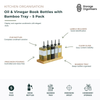 5-piece oil and vinegar book bottle set with bamboo tray, designed to store and display oils, vinegars, and condiments in a stylish and organised way. Features slim book-shaped glass bottles with precision pouring spouts for controlled dispensing, clear glass construction for easy content visibility, included labels for quick identification, and a natural bamboo tray to keep bottles neatly organised. Ideal for storing olive oil, vinegar, dressings, infused oils, and liquid condiments while enhancing kitchen