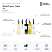 Oil and vinegar bottle set with five clear glass dispensing bottles, gold pour spouts, waterproof labels, and acrylic tray for organised kitchen storage, countertop display, and easy condiment dispensing.