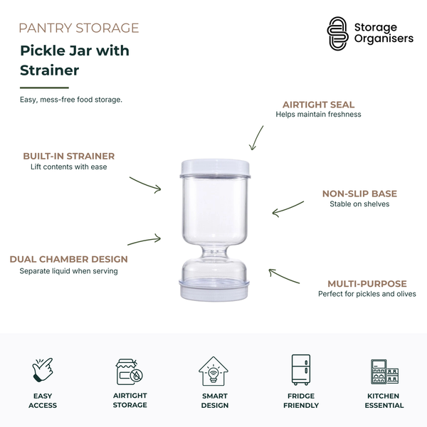 850ml airtight pickle jar with built-in strainer and dual-chamber design, allowing easy lifting of pickles, olives, and preserved foods while separating liquid for mess-free serving and fresh food storage.