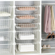 Wire Storage Basket with Slides – Available in 2 Sizes used for pantry organisation, showing towels stored neatly inside.