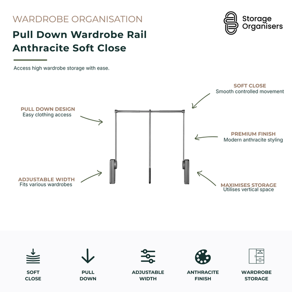 Anthracite pull down wardrobe rail with soft close mechanism, designed to improve access to high wardrobe storage areas. Features adjustable width to fit a variety of wardrobe sizes, smooth controlled pull-down operation, premium anthracite finish, and space-saving design that maximises vertical wardrobe storage. Ideal for organising hanging clothes while making upper wardrobe sections easier to reach and use.