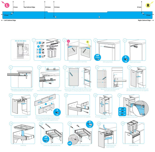 Assembly diagram for Pull-Out Kitchen Bin – 400mm Cabinet (35L Drawer) installation in kitchen storage organisers.