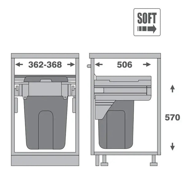 Diagram showing dimensions of Pull-Out Kitchen Bin – 400mm Cabinet (35L Drawer) for efficient under sink storage.
