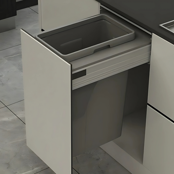 Pull-out kitchen bin in 400mm cabinet, grey 35L drawer, ideal for home organisation, space-saving kitchen storage solution.