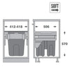 Diagram of 450mm pull-out bin with soft close, 2x21L bins for kitchen cabinet storage.