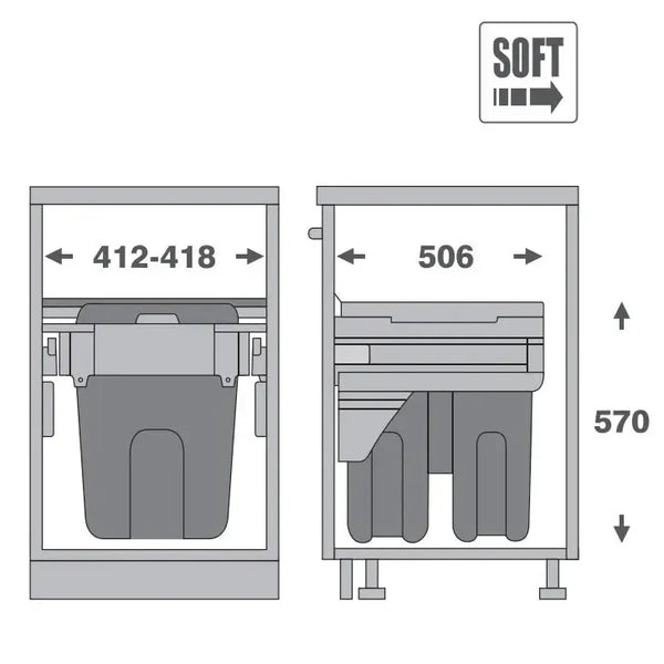Diagram of 450mm pull-out bin with soft close, 2x21L bins for kitchen cabinet storage.