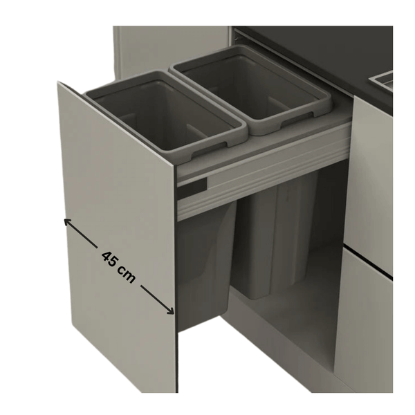 Space-saving pull out bin with dual 21L buckets for 450mm kitchen cabinets.