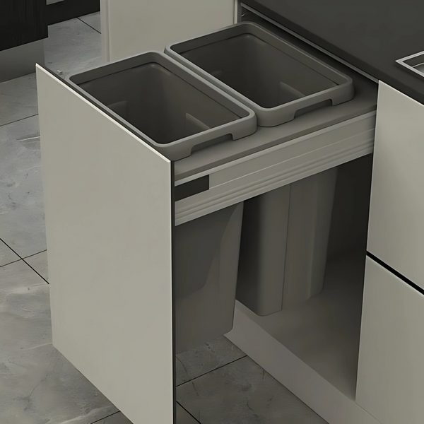 Pull-Out Kitchen Bin in 450mm Cabinet with dual 21L compartments, ideal for kitchen organization and waste management. Stylish and practical.