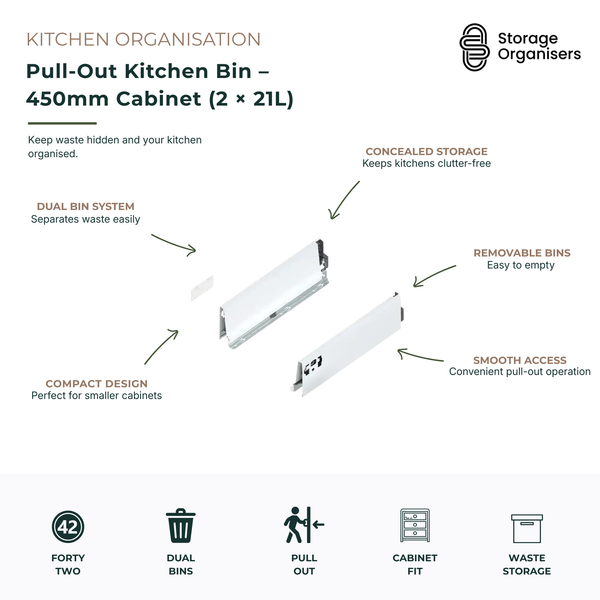 Pull-out kitchen bin system designed for 450mm cabinets, featuring two removable 21-litre waste bins with a total 42-litre capacity. The concealed cabinet-mounted design keeps kitchens tidy and clutter-free while making waste separation simple and efficient. Smooth pull-out operation provides easy access, and the removable bins allow convenient emptying and cleaning. Ideal for household waste, recycling, and organised kitchen waste management in compact cabinetry.