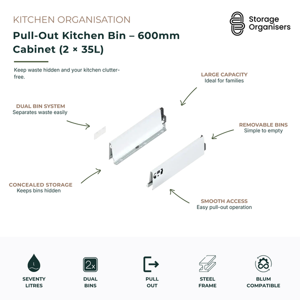 600mm pull-out kitchen bin system with dual 35L waste bins, designed for concealed waste storage and efficient kitchen organisation. Features a large 70-litre capacity, smooth pull-out operation for easy access, removable bins for convenient emptying and cleaning, and a durable steel frame for long-lasting performance. Ideal for separating general waste and recycling while keeping kitchen cabinets clutter-free and maintaining a clean, streamlined appearance.