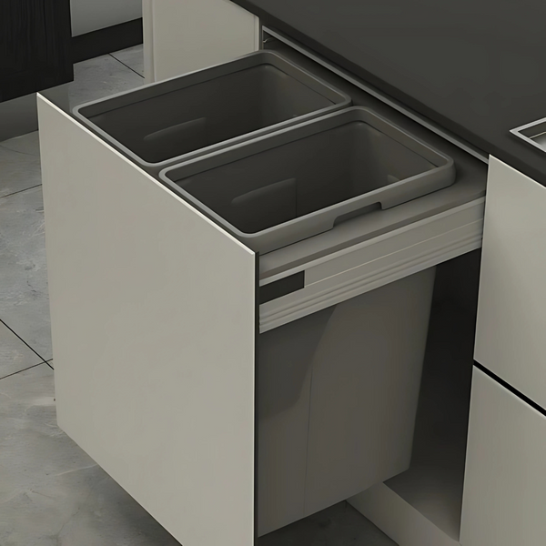 Pull-out kitchen bin for 600mm cabinets, featuring two 35L bins for efficient home organisation and stylish kitchen storage solutions.