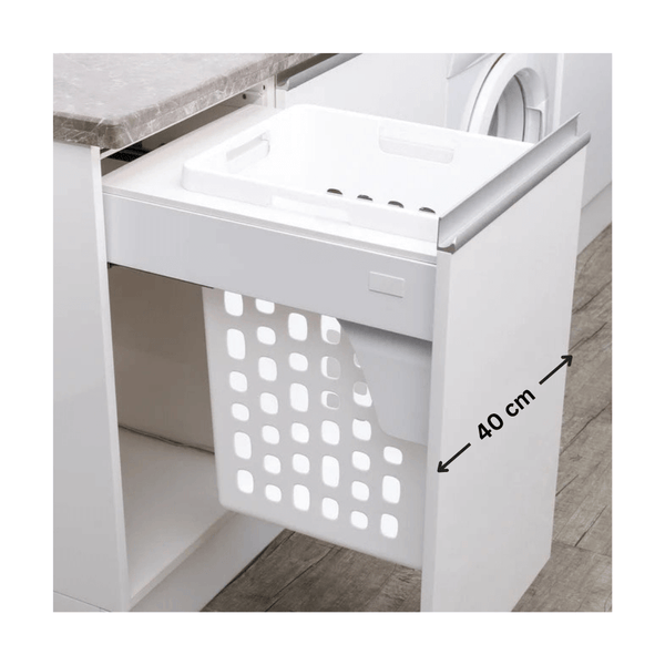 Pull out hamper in 400mm cabinet with 40L basket, ideal for laundry storage.
